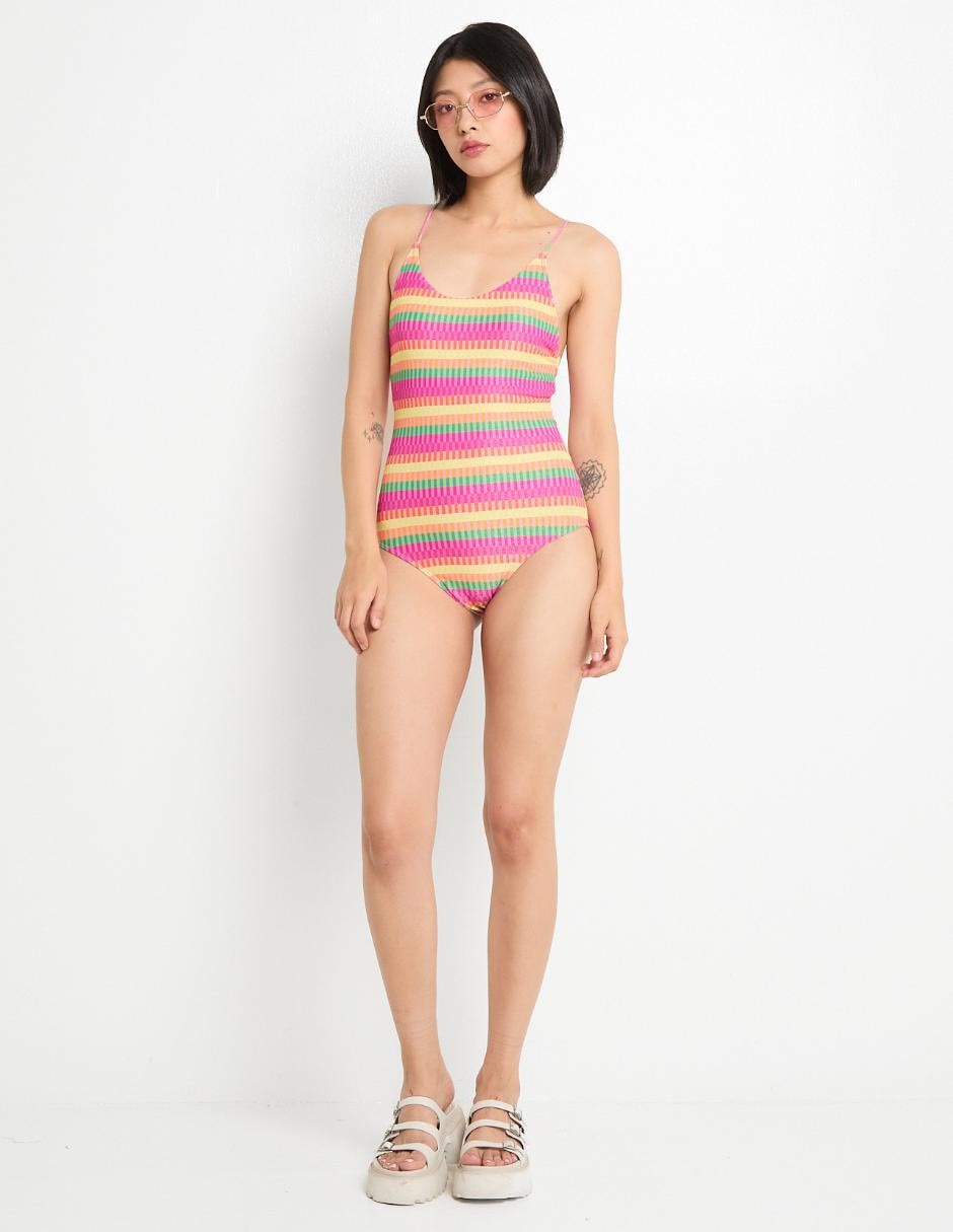 Traje de baño completo estampado a rayas para mujer 3