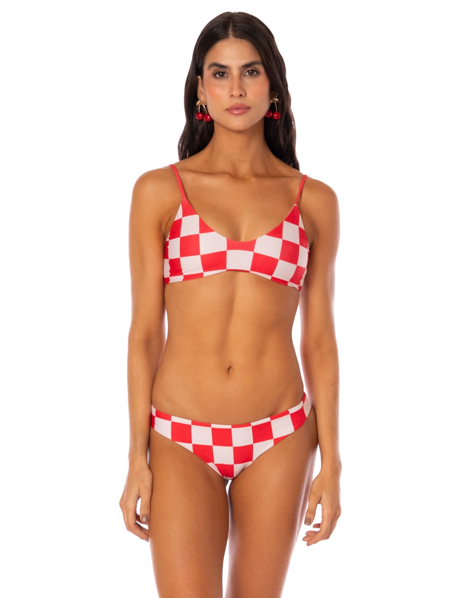 Top bikini estampado a cuadros con copas removibles para mujer