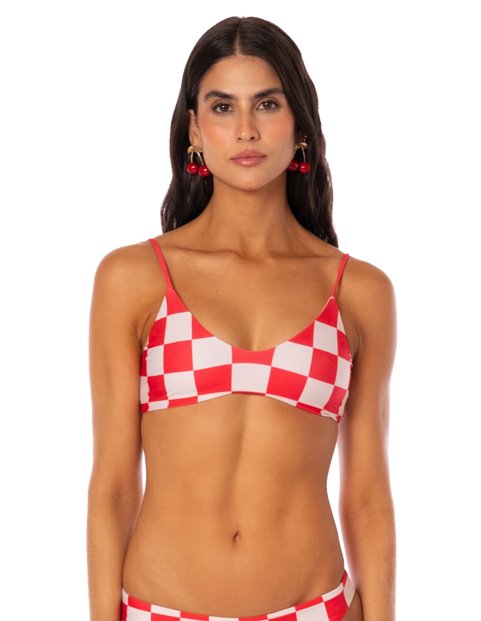 Top bikini estampado a cuadros con copas removibles para mujer 2